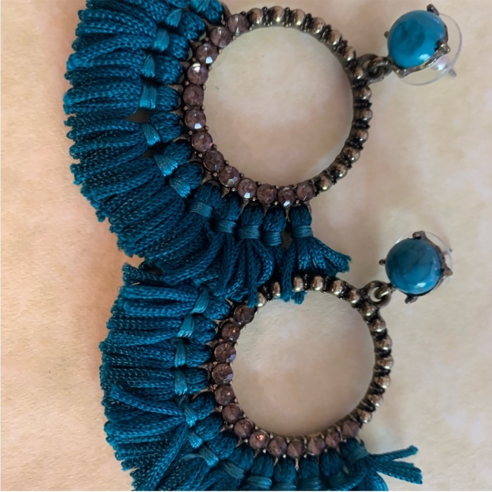 Blue Tassel Drop Earrings with Macrame Hoop